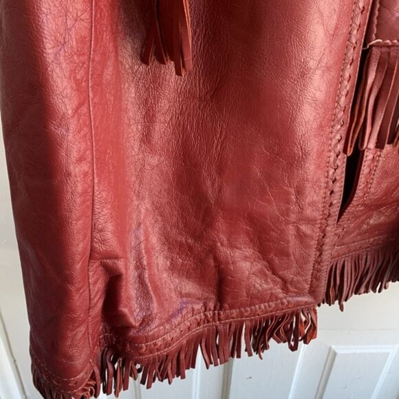 Dan di Modes 24K Vintage Leather 70s Red Fringe Trench Coat - Picture 5 of 8